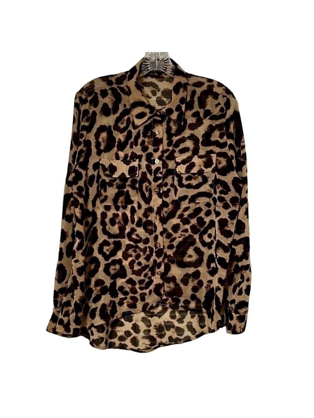 Varga Leopard Print Button Down Blouse Women’s Large Brown Tan Long Sleeve